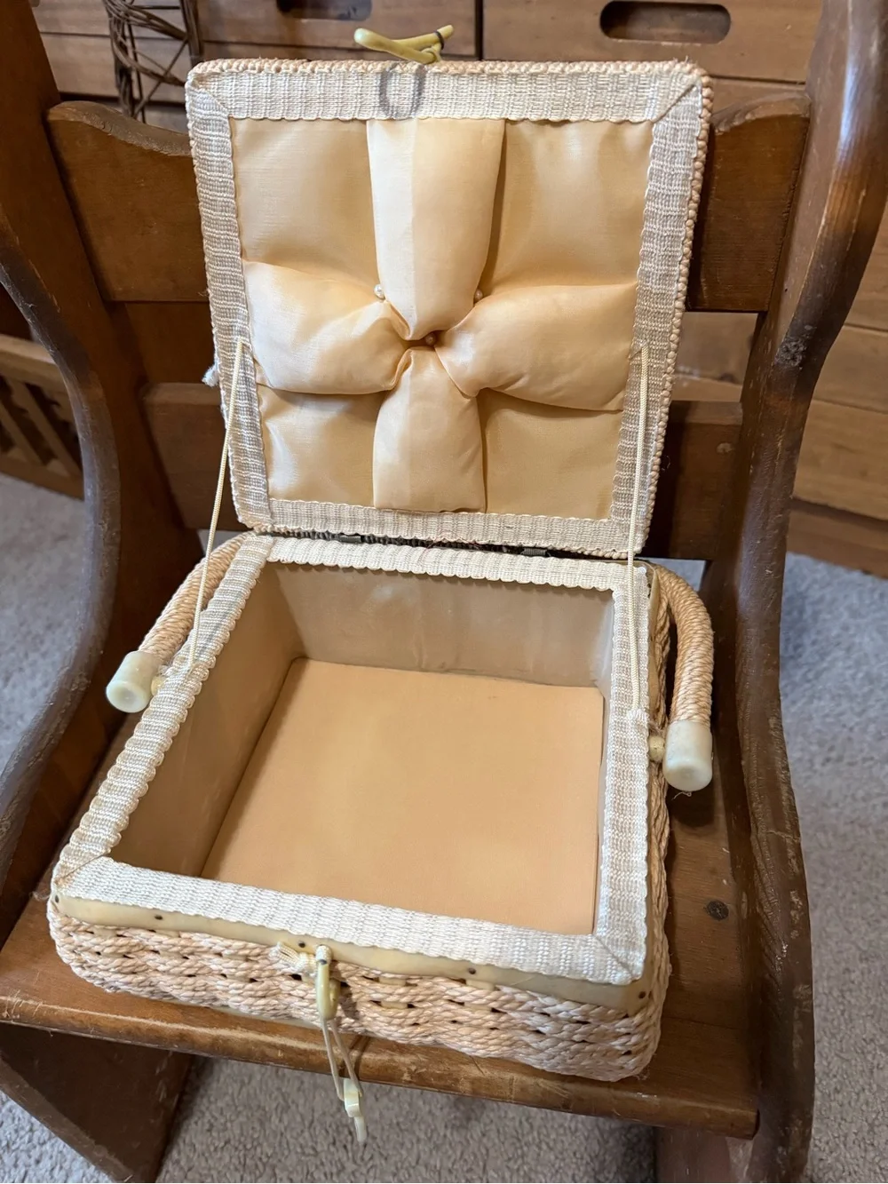Woven Straw Sewing Basket with Cream Scenic Fabric Top